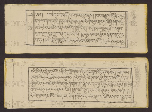 Buddhist text — Prayer for rebirth in the pure land of Sukhavati called Dechen Monlam, by master Raga Asja the first reincarnation of the Karma Chagme lineage Tib. rnam dag bde can zhing gi smon lam ra+a ga a syas mdzad pa bzhugs sto. Buddhist art, Tibetan; prayer text, graphic prints. Book in Tibetan pecha style, xylographic print in disciple script dbu can. Pages numbered on the recto side first page verso, 25 folios. 1 verso page and 2 recto illustrations. Edges tinted yellow. The original text of the prayer called Dechen Monlam Tib. bde chen smon lam, by master Raga Asja Tib. ra ga a syas, the first tulku of the Karma Chagme Tib. kar ma chags med reincarnation lineage, dates from the 17th century. 19th century, Tibet. Graphic. Width 25.5 cm, height 8.7 cm., A pair of long rectangular cream-colored pages lie on a dark brown background, one above the other, each containing a centered bordered panel filled with horizontal lines of tightly spaced hand-drawn black script. The pages show...