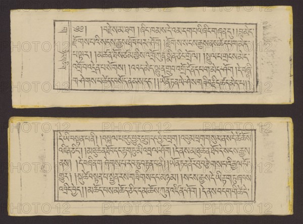 Buddhist text - Prayer for rebirth in the pure land of Sukhavati called Dechen Monlam, by master Raga Asja the first reincarnation of the Karma Chagme lineage Tib. rnam dag bde can zhing gi smon lam ra+a ga a syas mdzad pa bzhugs sto, unknown creator role, Buddhist art, Tibetan, prayer text, graphic prints. Book in Tibetan pecha style, xylographic print in disciple script dbu can. Pages numbered on the recto side first page verso, 25 folios. 1 verso page and 2 recto illustrations. Edges tinted yellow. The original text of the prayer called Dechen Monlam Tib. bde chen smon lam, by master Raga Asja Tib. ra ga a syas, the first tulku of the Karma Chagme Tib. kar ma chags med reincarnation lineage, dates from the 17th century. 19th century, Tibet. Graphic, width 25.5 cm, height 8.7 cm., A photograph of two rectangular cream-colored sheets placed on a dark brown background, each sheet bordered with a thin rectangular frame drawn in gray and containing dense hand-drawn script-like marks arra...