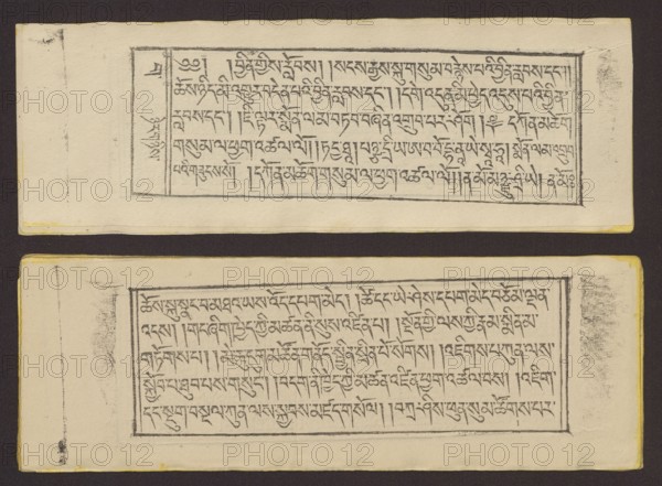 Buddhist text — Prayer for rebirth in the pure land of Sukhavati called Dechen Monlam, by master Raga Asja the first reincarnation of the Karma Chagme lineage Tib. rnam dag bde can zhing gi smon lam ra+a ga a syas mdzad pa bzhugs sto, unknown role of the creator / author, Buddhist art, Tibetan culture, prayer text, graphic print. Book in Tibetan pecha style, xylographic print in disciple script dbu can. Pages numbered on the recto side first page verso, 25 folios. 1 verso page and 2 recto illustrations. Edges tinted yellow. The original text of the prayer called Dechen Monlam Tib. bde chen smon lam, by master Raga Asja Tib. ra ga a syas, the first tulku of the Karma Chagme Tib. kar ma chags med reincarnation lineage, dates from the 17th century. 19th century, Tibet. Graphic; width 25.5 cm, height 8.7 cm., A rectangular image showing two horizontal cream-colored paper sheets placed on a dark brown background, each sheet containing a framed block of hand-drawn dark gray markings arranged...