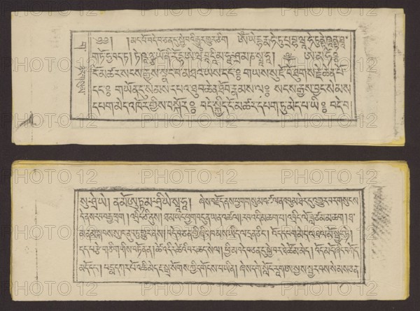 Buddhist text - Prayer for rebirth in the pure land of Sukhavati called Dechen Monlam, by master Raga Asja the first reincarnation of the Karma Chagme lineage Tib. rnam dag bde can zhing gi smon lam ra+a ga a syas mdzad pa bzhugs sto. Buddhist art, Tibetan culture, prayer texts, graphic prints. Book in Tibetan pecha style, xylographic print in disciple script dbu can. Pages numbered on the recto side first page verso, 25 folios. 1 verso page and 2 recto illustrations. Edges tinted yellow. The original text of the prayer called Dechen Monlam Tib. bde chen smon lam, by master Raga Asja Tib. ra ga a syas, the first tulku of the Karma Chagme Tib. kar ma chags med reincarnation lineage, dates from the 17th century. 19th century, Tibet. Graphic. Width 25.5 cm, height 8.7 cm., The image shows two rectangular cream-colored sheets with dark ink markings arranged horizontally on a dark brown background; each sheet contains a framed block of dense, handwritten script in black ink, with visible ma...