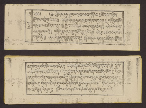 Buddhist text — Prayer for rebirth in the pure land of Sukhavati called Dechen Monlam, by master Raga Asja the first reincarnation of the Karma Chagme lineage Tib. rnam dag bde can zhing gi smon lam ra+a ga a syas mdzad pa bzhugs sto. Unknown role of the creator. Buddhist art, Tibetan culture; prayer text, graphic prints. Book in Tibetan pecha style, xylographic print in disciple script dbu can. Pages numbered on the recto side first page verso, 25 folios. 1 verso page and 2 recto illustrations. Edges tinted yellow. The original text of the prayer called Dechen Monlam Tib. bde chen smon lam, by master Raga Asja Tib. ra ga a syas, the first tulku of the Karma Chagme Tib. kar ma chags med reincarnation lineage, dates from the 17th century. 19th century, Tibet. Graphic; width 25.5 cm, height 8.7 cm., The image shows two horizontal rectangular sheets with hand-drawn rectangular frames containing dense rows of dark script-like marks; the sheets are off-white with slightly aged, yellowed edg...