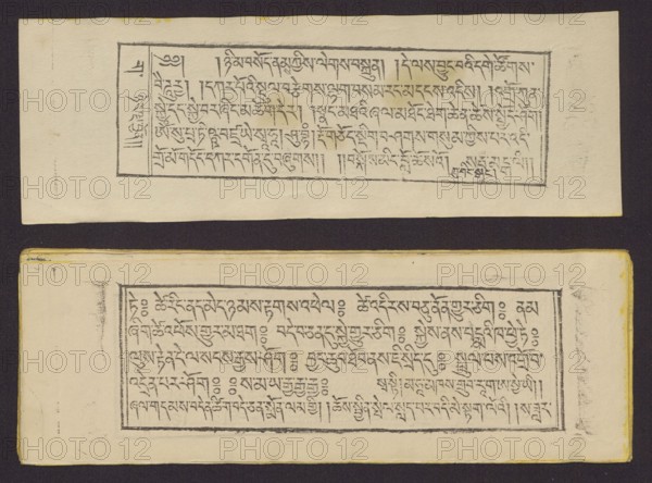 Buddhist text - Prayer for rebirth in the pure land of Sukhavati called Dechen Monlam, by master Raga Asja the first reincarnation of the Karma Chagme lineage Tib. rnam dag bde can zhing gi smon lam ra+a ga a syas mdzad pa bzhugs sto, unknown,  graphic artist author. Buddhist art, Tibetan culture, prayer texts, graphic prints, Book in Tibetan pecha style, xylographic print in disciple script dbu can. Pages numbered on the recto side first page verso, 25 folios. 1 verso page and 2 recto illustrations. Edges tinted yellow. The original text of the prayer called Dechen Monlam Tib. bde chen smon lam, by master Raga Asja Tib. ra ga a syas, the first tulku of the Karma Chagme Tib. kar ma chags med reincarnation lineage, dates from the 17th century. 19th century, Tibet. Graphic; width 25.5 cm, height 8.7 cm., The image shows two rectangular paper sheets placed on a dark background, each sheet bordered by thin black lines and containing a framed rectangular area with many short horizontal stro...