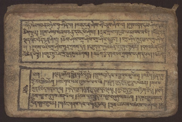 Buddhist text - Commentary on the praise of the names of Manjushri by Ga Rabjampa Kunga Yeshe Tib. 'phags pa 'jam dpal gyi mtshan yang dag par brjod pa zhugs so, unknown creator author, Buddhist art, Tibetan culture, graphic prints, Book in Tibetan pecha style, xylographic print in student script dbu can. 26 folios, recto page numbering, first verso, 2 pages missing. Buddhist commentary on the prayer of praise in honor of the names of the bodhisattva Manjushri Tib. 'jam dpal dbyang by Ga Rabjampa Kunga Yeshe Tib. sga rab 'byams pa kun dga' ye shes. The original text comes from the 15th century; object dated 19th century, Tibet. Graphics, width 24.6 cm, height 8.0 cm., An aged rectangular manuscript page with a worn beige surface and dark brown edges, showing two horizontal framed text blocks separated by a narrow blank band; the frames and dense rows of dark black ink markings create patterned lines across the page; the paper shows spots and smudges of brown and gray, with areas of dar...