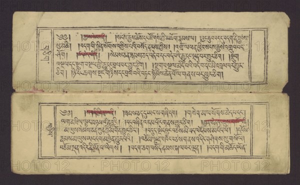 A set of two Buddhist texts — Collected Instructions on Refuge in the Three Jewels Tib. 'dri nang chos spyod mdor bsus dang / skyabs 'gro'i lo rgyus cung Tad go bter bkod pa bzhugs so and Tib. skyabs 'gro'i lo rgyus mdor bsdus bzhugs swo; creator,  noted. Tibetan Buddhist art, graphic prints; book in the Tibetan pecha style, xylographic print in the student script dbu can. Two texts: first 13 folios leaf numbering 2–13 recto, first verso; second 11 folios incomplete leaf numbering 2–11 recto, first verso. Red-ink underlining on folios 1 verso; 2 recto and verso; 3 recto and verso; 7 verso; 8 recto; 11 recto; 13 recto; 14 verso. 19th century, Tibet. Graphics; 27.5 cm wide × 8.0 cm high., A rectangular beige manuscript spread open against a dark background showing two horizontal rectangular panels with hand-drawn black borders and narrow vertical margin boxes at the left and right edges; inside each panel there are dense lines of black script-like marks and several short strokes highligh...