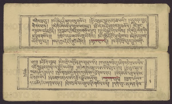 A set of two Buddhist texts - Collected Instructions on Refuge in the Three Jewels Tib. 'dri nang chos spyod mdor bsus dang / skyabs 'gro'i lo rgyus cung Tad go bter bkod pa bzhugs so and Tib. skyabs 'gro'i lo rgyus mdor bsdus bzhugs swo. Unknown creator/graphic artist/author. Buddhist art, Tibetan, graphic prints, book in the Tibetan pecha style, xylographic print in the student script dbu can. Two texts: first 13 folios, leaf numbering 2–13 recto, first verso; second 11 folios incomplete, leaf numbering 2–11 recto, first verso. Underlining in red ink on folio 1 verso; 2 recto and verso; 3 recto and verso; 7 verso; 8 recto; 11 recto; 13 recto; 14 verso. 19th century, Tibet. Graphics. Width 27.5 cm, height 8.0 cm., A worn rectangular sheet with a dark border background shows two horizontally oriented rectangular panels, one above the other, each framed by thin black lines and containing dense black handwritten script arranged in several horizontal lines; the paper is a yellowed beige w...