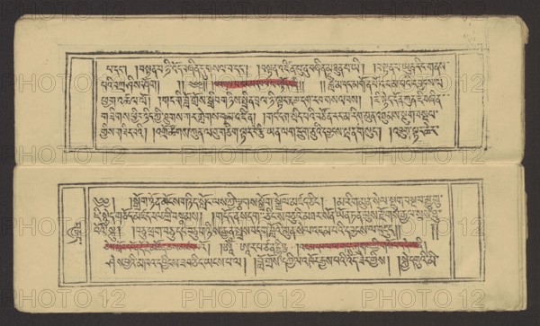 A set of two Buddhist texts - Collected Instructions on Refuge in the Three Jewels Tib. 'dri nang chos spyod mdor bsus dang / skyabs 'gro'i lo rgyus cung Tad go bter bkod pa bzhugs so and Tib. skyabs 'gro'i lo rgyus mdor bsdus bzhugs swo, unknown creator/author, Buddhist art, Tibetan, graphic prints, book in the Tibetan pecha style, xylographic print in the student script dbu can. Two texts: first 13 folios, leaf numbering 2–13 recto, first verso; second 11 folios incomplete, leaf numbering 2–11 recto, first verso. Underlining in red ink on folios 1 verso; 2 recto and verso; 3 recto and verso; 7 verso; 8 recto; 11 recto; 13 recto; 14 verso. 19th century, Tibet. Graphics. Width 27.5 cm, height 8.0 cm., A rectangular cream-colored sheet folded to show two horizontal panels separated by a central fold, each panel bordered by thin black hand-drawn lines and containing dense black calligraphic strokes arranged in horizontal lines, with a few short horizontal marks in red accenting parts of ...