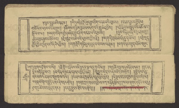 A set of two Buddhist texts — Collected Instructions on Refuge in the Three Jewels Tib. 'dri nang chos spyod mdor bsus dang / skyabs 'gro'i lo rgyus cung Tad go bter bkod pa bzhugs so and Tib. skyabs 'gro'i lo rgyus mdor bsdus bzhugs swo; creator,  noted; Buddhist art, Tibetan; graphic prints; book in the Tibetan pecha style; xylographic print in the student script dbu can. Two texts: first 13 folios, leaf numbering 2–13 recto, first verso; second 11 folios incomplete, leaf numbering 2–11 recto, first verso. Underlining in red ink on folios 1 verso, 2 recto and verso, 3 recto and verso, 7 verso, 8 recto, 11 recto, 13 recto, 14 verso. 19th century, Tibet; graphics; width 27.5 cm, height 8.0 cm., A rectangular open book spread is shown against a dark background, with two horizontal cream-colored pages containing framed blocks of handwritten script. The top page has a bordered rectangular text block centered with a narrow blank margin on each side and the inked characters appear in dark g...