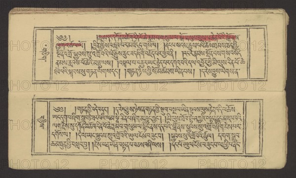 A set of two Buddhist texts - Collected Instructions on Refuge in the Three Jewels Tib. 'dri nang chos spyod mdor bsus dang / skyabs 'gro'i lo rgyus cung Tad go bter bkod pa bzhugs so and Tib. skyabs 'gro'i lo rgyus mdor bsdus bzhugs swo, unknown creator/graphic artist, Buddhist art, Tibetan, graphic prints, book in the Tibetan pecha style, xylographic print in the student script dbu can. Two texts: first 13 folios, leaf numbering 2–13 recto, first verso; second 11 folios incomplete, leaf numbering 2–11 recto, first verso. Underlining in red ink on folio 1 verso, 2 recto and verso, 3 recto and verso, 7 verso, 8 recto, 11 recto, 13 recto, 14 verso. 19th century, Tibet. Graphics. Width 27.5 cm, height 8.0 cm., A horizontally oriented photograph of an open book or manuscript page showing two rectangular blocks of handwritten script set within simple black frame lines on aged cream-colored paper, with a narrow margin around each block and a fold or seam across the middle; the top block con...