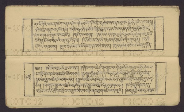 A set of two Buddhist texts - Collected Instructions on Refuge in the Three Jewels Tib. 'dri nang chos spyod mdor bsus dang / skyabs 'gro'i lo rgyus cung Tad go bter bkod pa bzhugs so and Tib. skyabs 'gro'i lo rgyus mdor bsdus bzhugs swo. Unknown creator role/classification of the creator, graphic artist author. . Buddhist art, Tibetan, graphic prints, book in the Tibetan pecha style, xylographic print in the student script dbu can. Two texts: first 13 folios, leaf numbering 2–13 recto, first verso; second 11 folios incomplete, leaf numbering 2–11 recto, first verso. Underlining in red ink on folio 1 verso; 2 recto and verso; 3 recto and verso; 7 verso; 8 recto; 11 recto; 13 recto; 14 verso. 19th century, Tibet. Graphics. Width 27.5 cm, height 8.0 cm., A horizontal image of an open book showing two pages with rectangular bordered blocks containing rows of handwritten script; the pages are an off-white or beige color with black ink script, and the borders and lines are also black; the b...
