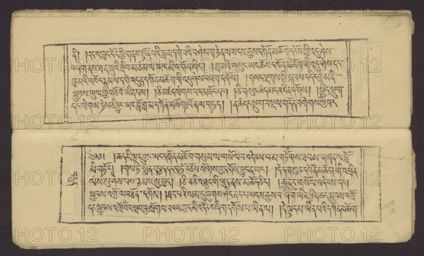 A set of two Buddhist texts - Collected Instructions on Refuge in the Three Jewels Tib. 'dri nang chos spyod mdor bsus dang / skyabs 'gro'i lo rgyus cung Tad go bter bkod pa bzhugs so and Tib. skyabs 'gro'i lo rgyus mdor bsdus bzhugs swo. Unknown creator / author. Buddhist art, Tibetan; graphic prints. Book in the Tibetan pecha style, xylographic print in the student script dbu can. Two texts: first 13 folios, leaf numbering 2–13 recto, first verso; second 11 folios incomplete, leaf numbering 2–11 recto, first verso. Underlining in red ink on folios 1 verso; 2 recto and verso; 3 recto and verso; 7 verso; 8 recto; 11 recto; 13 recto; 14 verso. 19th century, Tibet. Graphics. Width 27.5 cm, height 8.0 cm., A horizontal image of an open book showing two rectangular text blocks on cream-colored pages with visible black ink printing, each block framed by thin dark borders; the pages show slightly worn edges and small smudges, and there is a narrow dark background visible around the top and s...