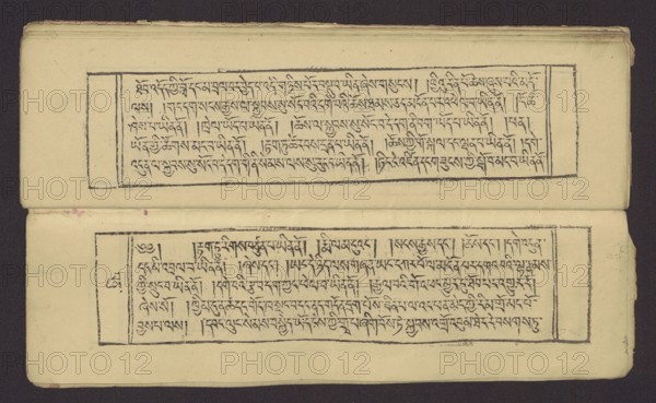 A set of two Buddhist texts - Collected Instructions on Refuge in the Three Jewels Tib. 'dri nang chos spyod mdor bsus dang / skyabs 'gro'i lo rgyus cung Tad go bter bkod pa bzhugs so and Tib. skyabs 'gro'i lo rgyus mdor bsdus bzhugs swo, unknown creator role/classification of the creator, graphic artist, Buddhist art, Tibetan culture, graphic prints, Book in the Tibetan pecha style, xylographic print in the student script dbu can. Two texts: first 13 folios, leaf numbering 2–13 recto, first verso; second 11 folios incomplete, leaf numbering 2–11 recto, first verso. Underlining in red ink on folios 1 verso, 2 recto and verso, 3 recto and verso, 7 verso, 8 recto, 11 recto, 13 recto, 14 verso. 19th century, Tibet; graphics. Dimensions: width 27.5 cm, height 8.0 cm., A horizontal view of an open booklet or folded sheets showing two rectangular panels on each page bordered by hand-drawn frames, with a few vertical margin blocks at the ends of the panels; the pages are an off-white or cream...