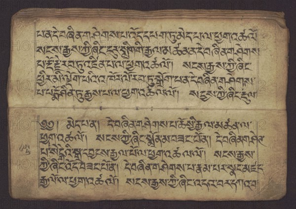 Buddhist Manuscript - Penitential Text Tib. sDig bshags gser gyi zhes bya ba bzhugs+o, unknown creator/author, student's script, manuscript in Tibetan pecha style, handwritten notes folio 24 recto and verso, leaf numbering 2–22 verso, first recto, last two unnumbered, 19th century, Tibet, manuscript, width 24.0 cm, height 8.1 cm, A worn, horizontal page with two wide panels of dense handwritten script separated by a horizontal crease, the paper showing aged beige and tan tones with darker brown edges and some darker spots; the ink is dark black forming flowing, angular characters arranged in neat lines, with faint vertical guide lines visible at the edges of the panels; the page has a few small stains and slight creases, and the outer background around the page appears deep brown to near black.