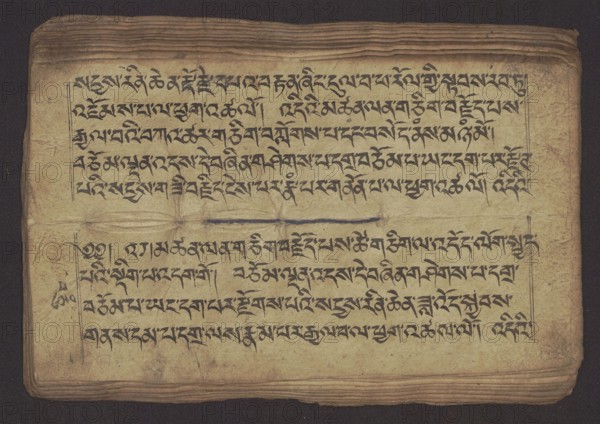Buddhist Manuscript - Penitential Text Tib. sDig bshags gser gyi zhes bya ba bzhugs+o, unknown,  scribe-copyist author, Tibetan Buddhist art, Himalayan culture, Book in Tibetan pecha style, manuscript in student's script. Leaf numbering 2-22 verso, first recto, last two unnumbered. Handwritten notes folio 24 recto and verso., 19th century, Tibet type of place / place of origin, manuscript, width 24.0 cm, height 8.1 cm, A worn rectangular sheet with an off-white to yellowed surface and darker browned edges lies against a dark background; a group of dense black calligraphic lines covers much of the sheet in two separated blocks, with a thin horizontal dark stroke dividing them, and faint ruled margin lines framing the text areas; the paper shows creases, fold marks, small stains, and irregular darker smudges, and the sheet’s layered edges display a few visible stacked pages beneath.