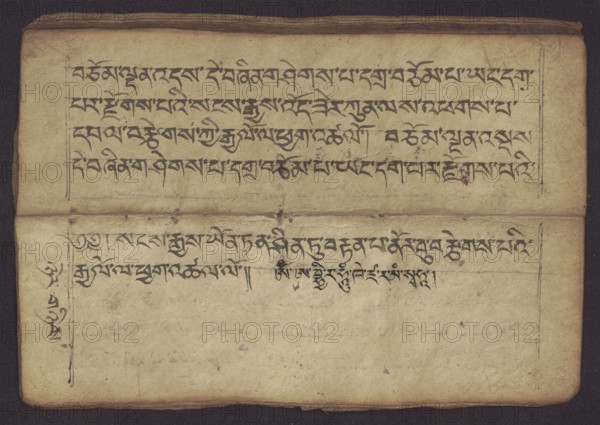 Buddhist Manuscript - Penitential Text Tib. sDig bshags gser gyi zhes bya ba bzhugs+o, unknown author/scribe-copyist, Tibetan Buddhist art, Himalayan culture, Book in Tibetan pecha style, manuscript in student's script. Leaf numbering 2-22 verso, first recto, last two unnumbered. Handwritten notes folio 24 recto and verso. 19th century, Tibet; manuscript, width 24.0 cm, height 8.1 cm, A worn, rectangular sheet with a horizontal fold across the middle showing aged beige and tan paper with darker brown edges, containing a group of dark ink brushstrokes arranged in lines on the top half and fewer brushstrokes on the lower half; there are vertical ink framing lines at the left and right edges, small ink marks and smudges scattered across the paper, a few darker brown spots and stains, and slight creases and textured fibers visible in the paper surface.