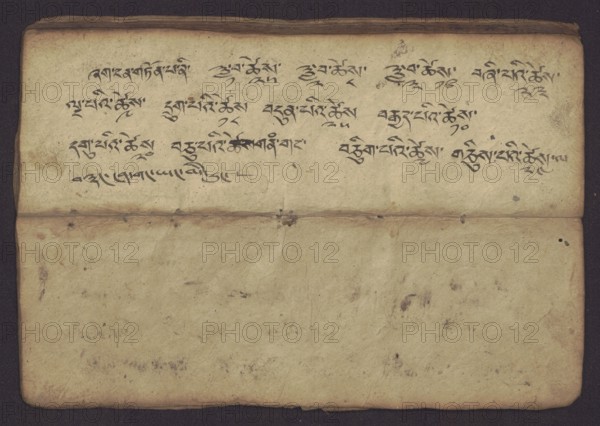 Buddhist manuscript — Penitential Text Tib. sDig bshags gser gyi zhes bya ba bzhugs+o, unknown scribe/copyist, student’s script, Tibetan pecha-style book, handwritten notes on folio 24 recto and verso, leaf numbering 2–22 verso, first recto, last two unnumbered, 19th century, Tibet; manuscript; width 24.0 cm, height 8.1 cm., A worn, folded sheet with a top half showing dark handwritten marks and a bottom half mostly blank; the paper is an aged beige with darker brown stains and smudges, a horizontal crease across the middle with small puncture marks along it, darker brown edging around the perimeter, and the handwritten marks appear in a dark black ink with some faded spots and small brown spots nearby.
