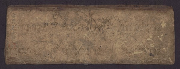 Buddhist manuscript — Penitential Text Tib. sDig bshags gser gyi zhes bya ba bzhugs+o, unknown creator/scribe, student’s script, Tibetan pecha book format, handwritten notes on folio 24 recto and verso, leaf numbering 2–22 verso, first recto, last two unnumbered, 19th century, Tibet; manuscript; height 8.1 cm, width 24.0 cm; Himalayan/Tibetan Buddhist art., A worn rectangular object with a textured, creased surface in shades of brown and tan, showing darker brown smudges and stains and a few small dark spots, with areas of lighter beige discoloration and subtle grayish markings; the edges are rounded and slightly darker, and the background around the object is a deep dark purple.