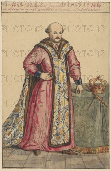 Portrait of King Wladyslaw Jagiello, after a painting at the Niasvizh Castle; draughtsman: Alexander Lesser 1814–1884. Subject: Wladyslaw Jagiello king of Poland, ca. 1351–1434 — portrait, iconography of kings, rulers, Polish personalities. Medium and support: drawing on tracing paper glued with its entire surface to paper of similar dimensions, which is glued with its upper edge to cardboard. Date: 1830–1884. Type: drawing. Dimensions — drawing card: height 18.9 cm, width 12.3 cm; cardboard: height 35.8 cm, width 25.9 cm. Style: Polish painting; copy from a painting after the painting at Niasvizh/Radziwill Castle. Unknown place of origin., A standing man wearing a long ornate robe with visible fur trim and patterned inner panels, the robe primarily showing pink, yellow, blue, brown, and cream colors; he has a receding hairline and a mustache and beard, with a light skin tone and a neutral facial expression; one hand rests on his hip while the other rests on a draped table covered in g...