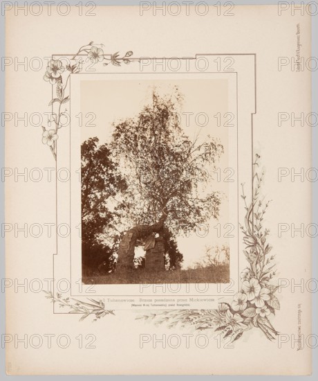 Tuhanovichi. Birch tree planted by Adam Mickiewicz. Photographic print glued onto lithographed cardboard, 1894. Nature photography; subject: birches at Tuhanowicze Belarus. Photographer/authors: Boretti, Józef Mikolaj; Boretti, Teofil Eugeniusz. Associated person: Tuhanowska, Józefa iconography. Dimensions: photographic print 21.8 × 15.8 cm; album page 33.0 × 39.8 cm., A sepia-toned photograph of a large tree with a dense canopy standing behind a crumbling stone archway in a grassy field, surrounded by darker foliage at the edges; the photo is mounted on a pale cream paper with an ornate floral border drawn in muted brown tones featuring blossoms and leafy vines along the top left and right edges and a cluster of flowers at the lower right, and faint decorative line frames around the photograph.