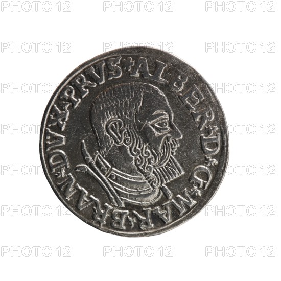 Trojak, Vogelwaider Vogelwaid, Eustachius mintmaster/publisher; Decius, Jost Ludwik fl. 1528–1535 mint manager/co-creator. Albrecht Hohenzollern Prince of Prussia; 1490–1568 — iconography: male busts in armour, stars. Obverse: male bust in armour in profile turned to the right; short hair, beard with sideburns. Inscription around the rim: *ALBER DG MAR BRAN DVX PRVS; continuous border, floral motifs between the words. Reverse: in the continuous border an inscription in six lines: *III*/.GROSS:AR:/.TRIPLEX./.ALBER:DVC./.PRVSSIE./*I537*. Date: 1537. Place/type: Ducal Prussia 1525–1701, Königsberg mint. Coin; diameter 22.2 mm; weight 2.55 g; axis 135°., A round metallic coin photographed against a white background showing the raised profile of a bearded man facing right with detailed hair and beard texture, a decorative collar or armor at his neck, and ornamental elements along the coin edge; visible colors include silver, gray, dark gray, and small highlights of lighter silver on the rai...