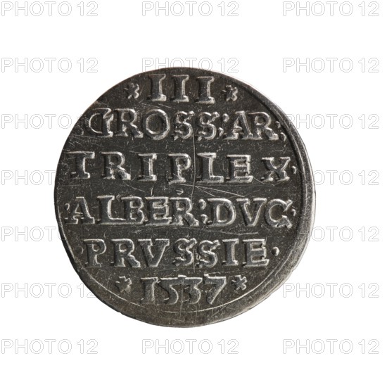 Trojak, Vogelwaider Vogelwaid, Eustachius mintmaster / publisher; Decius, Jost Ludwik fl. 1528–1535 mint manager / co-creator. Obverse: male bust in armour in profile turned right; short hair, beard with sideburns. Inscription around rim: *ALBER DG MAR BRAN DVX PRVS; continuous border, floral motifs between words. Reverse: continuous border with six-line inscription: *III*/.GROSS:AR:/.TRIPLEX./.ALBER:DVC./.PRVSSIE./*I537* 1537. Ducal Prussia 1525–1701, Königsberg mint. Coin; diameter 22.2 mm, weight 2.55 g, axis 135°.