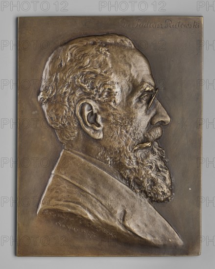 Chodzinski, Kazimierz Mieczyslaw 1861–1921 medalist, author; Chodzinski, Kazimierz 1861–1919 — male busts; Rutowski, Tadeusz 1841–1912 — iconography. Obverse: bust in right profile, slightly wavy hair, long beard with sideburns, long moustache, pince-nez on the nose; inscription at top right, 1917, Lviv, Poland. Plaque; dimensions: 136 mm and 177 mm., The image shows a rectangular bronze relief plaque featuring a right-profile bust of an older man with a receding hairline, textured short hair, a full beard and mustache, and a visible ear; he wears round spectacles and a collared garment. The surface displays warm bronze and brown tones with subtle highlights and darker patina in recessed areas, set against a neutral gray background.