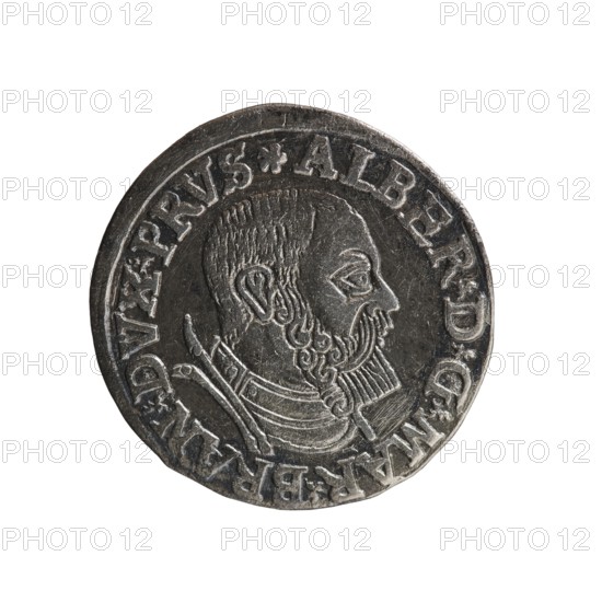 Trojak, Vogelwaider Vogelwaid, Eustachius; publisher: Decius, Jost Ludwik fl. 1528–1535 mint manager/co-creator. Obverse: male bust in armour in profile to right; short hair, beard with sideburns. Inscription around rim: *ALBER DG MAR BRAN DVX PRVS; continuous border, floral motifs between the words. Reverse: in continuous border an inscription in six lines: *III*/.GROSS:AR:/.TRIPLEX./.ALBER:DVC./.PRVSSIE./*I537*; date 1537. Ducal Prussia 1525–1701, Königsberg mint. Coin: diameter 22.0 mm, weight 2.49 g, axis 50°., A round metallic object with a worn silver-gray surface showing a raised profile of a bearded man facing right, with short hair and detailed facial features; the man wears layered armor around the neck and shoulder area and has a curled mustache and beard; a raised rim encircles the portrait and contains repeated decorative raised shapes; the metal shows scratches, dents, and areas of darker patina giving contrast between lighter silver highlights and darker gray shadows.