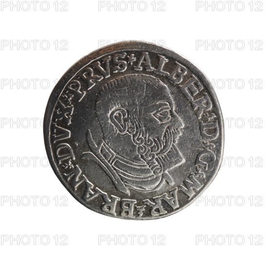 trojak, Vogelwaider Vogelwaid, Eustachius mintmaster/publisher, Decius, Jost Ludwik fl. 1528–1535 co-creator/mint manager. Albrecht Hohenzollern Prince of Prussia; 1490–1568 — iconography: male busts in armour, stars. Obverse: male bust in armour in profile turned to the right; short hair, beard with sideburns. Inscription around the rim: *ALBER DG MAR BRAN DVX PRVS; continuous border, floral motifs between the words. Reverse: in the continuous border an inscription in six lines: *III*/.GROSS:AR:/.TR...EX./.AL... DVC./.PRVSSIE./*I537*; dated 1537. Ducal Prussia 1525–1701, Königsberg mint. Coin; diameter 22.4 mm, weight 2.46 g, axis 0°., A round metallic coin with a relief profile of a bearded man facing right, showing detailed facial features and a curled beard, surrounded by a raised rim and decorative edge; the coin surface has visible scratches and wear and appears in shades of silver and gray with some darker gray toning.