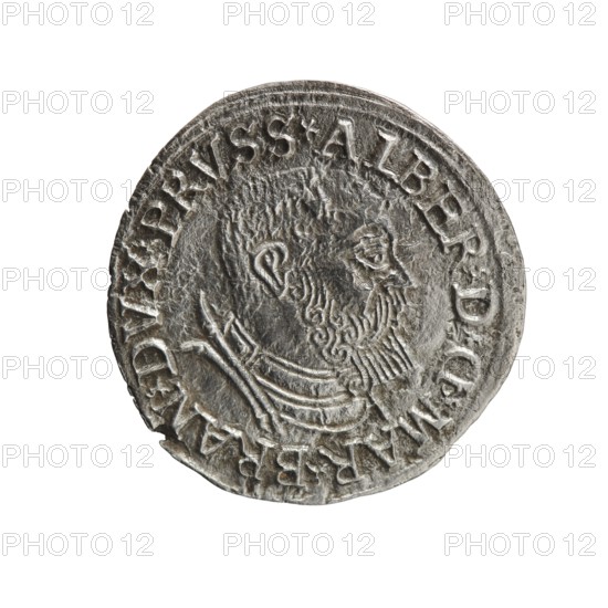 Trojak, Vogelwaider Vogelwaid, Eustachius publisher; Decjusz, Jost Ludwik fl. 1528–1535 mint manager / co-creator; Szymonski, Jan 1887–1954 creator. Obverse: male bust in armour in profile turned to the right; short hair, beard with sideburns. In the rim the inscription *ALBER DG MAR BRAN DVX PRVSS* with a continuous double border and plant motifs. Reverse: in the double continuous border the inscription in six lines *III*/.GROSS:AR:/.TRIPLEX./.ALBER:DVC./.PRVSSIE./*I537* 1537. Königsberg; Ducal Prussia 1525–1701. Coin: trojak; diameter 22.4 mm, weight 1.95 g, axis 240°., A worn circular metallic object with a textured surface showing a raised profile of a bearded person facing right, surrounded by a raised rim and decorative raised elements around the edge; the metal appears silver-gray with darker gray shadows in recessed areas and lighter silvery highlights on raised surfaces.