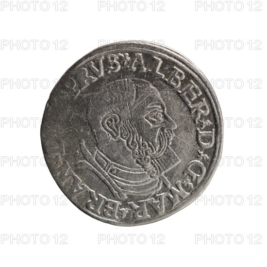 Trojak, Vogelwaider Vogelwaid, Eustachius mintmaster/publisher; Decius, Jost Ludwik fl. 1528–1535 co-creator/mint manager. Albrecht Hohenzollern Prince of Prussia; 1490–1568 — iconography: stars, male busts in armour. Obverse: male bust in armour in profile turned to the right; short hair, beard with sideburns. In the rim the inscription *ALBER DG MAR BRAN ... PRVS; double continuous border, floral motifs between the words. Reverse: in the continuous border an inscription in six lines *III*/.GROSS:A. /.TRIPLE /.ALBER:DVC./.PRVSSIE./*I537*; date 1537. Ducal Prussia 1525–1701, Königsberg mint. Coin; diameter 22.5 mm, weight 2.39 g, axis 30°., A round metallic coin with a worn surface showing a raised profile of a bearded man facing right, ornate hair and beard details, and a decorative collar; the coin has an outer raised rim and an encircling band of raised characters around the portrait; colors visible include shades of silver, gray, and darker gray patina.