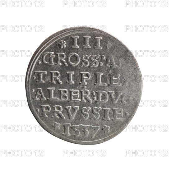 Trojak, Vogelwaider Vogelwaid, Eustachius mintmaster/publisher; Decius, Jost Ludwik fl. 1528–1535 mint manager/co-creator. Albrecht Hohenzollern Prince of Prussia; 1490–1568 — iconography: stars, male busts in armour. Obv.: male bust in armour in profile to right; short hair, beard with sideburns. In the rim the inscription *ALBER DG MAR BRAN ... PRVS; double continuous border, floral motifs between the words. Rev.: in the continuous border an inscription in six lines *III*/.GROSS:A. /.TRIPLE /.ALBER:DVC./.PRVSSIE./*I537*. Date: 1537. Place: Ducal Prussia 1525–1701, Königsberg mint. Coin; diameter 22.5 mm; weight 2.39 g; axis 30°., A round metallic coin with a worn silver-gray surface, showing raised lettering and decorative dots arranged in horizontal lines across its face; the coin edge is slightly irregular and the lighting highlights subtle scratches and textured areas on the metal, creating lighter silvery highlights and darker gray shadows.