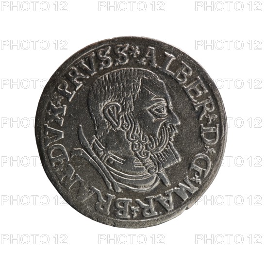 trojak, Vogelwaider Vogelwaid, Eustachius; publisher Decius, Jost Ludwik fl. 1528–1535 co-creator. Albrecht Hohenzollern Prince of Prussia; 1490–1568 — iconography: male busts in armour, stars. Obverse: male bust in armour in profile turned to the right; short hair, beard with sideburns. Inscription around the rim: *ALBER DG MAR BRAN DVX PRVSS. Continuous border, floral motifs between the words. Reverse: in the continuous border an inscription in six lines: *III*/.GROSS:AR:/.TRIPLEX./.ALBER:DVC./.PRVSSIE./*I538* 1538. Ducal Prussia 1525–1701, Königsberg mint. Coin: diameter 22.0 mm, weight 2.50 g, axis 80°., A round metallic object with a dark silver-gray surface showing a raised profile of a bearded man facing right, with textured hair and detailed facial features, surrounded by a raised rim and a ring of raised characters around the edge; the metal shows areas of lighter and darker gray with subtle highlights and shadowing giving a slightly worn appearance.
