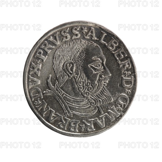 Trojak, Vogelwaider Vogelwaid, Eustachius mintmaster / publisher, Decius, Jost Ludwik fl. 1528–1535 mint manager / co-creator. Albrecht Hohenzollern Prince of Prussia; 1490–1568 — iconography: male busts in armour, stars. Obverse: male bust in armour in profile turned to the right; short hair, beard with sideburns. Inscription around the rim: *ALBER DG MAR BRAN DVX PRVSS*; continuous border, floral motifs between the words. Reverse: continuous border with inscription in six lines: *III/.GROSS:AR:/.TRIPLEX./.ALBER:DVC./.PRVSSIE./*I538* 1538. Ducal Prussia 1525–1701, Königsberg mint. Coin; diameter 22.0 mm, weight 2.61 g, axis 60°., A round metallic coin with a silver-gray color showing a raised profile of a bearded man facing right; the man's hair and beard are textured with fine lines and there are decorative curved engravings near his jaw and neck suggesting clothing or armor; the coin has a raised rim and a band of raised lettering around the edge, and the surface shows areas of shin...