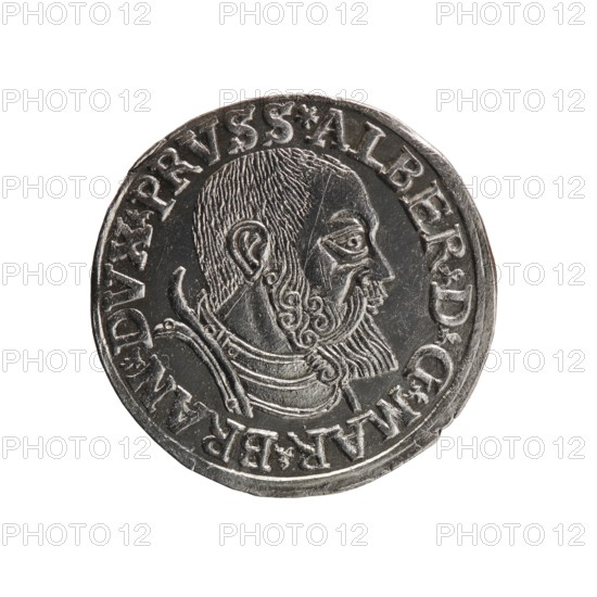 trojak, Decius, Jost Ludwik fl. 1528-1535 co-creator, Vogelwaider Vogelwaid, Eustachius mint master/publisher. Albrecht Hohenzollern Prince of Prussia; 1490–1568 - iconography: stars, male busts in armour. Obv.: male bust in armour in profile to right; short hair, beard with sideburns. Inscription around rim: *ALBER DG MAR BRAN DVX PRVSS. Continuous border, floral motifs between words. Rev.: in continuous border an inscription in six lines: *III*/.GROSS:AR:/.TRIPLEX./.ALBER:DVC./.PRVSSIE./*I538* 1538. Ducal Prussia 1525–1701, Königsberg; coin. Diameter 22.0 mm, weight 2.41 g, axis 45°., A round metallic coin with a raised portrait of a bearded man in profile facing right, showing detailed hair texture and facial hair, decorative curls at the beard and a raised collar or armor around the neck. The coin surface is reflective with highlights and darker recessed areas, showing wear and fine scratches. The coin edge is slightly irregular and the overall colors visible are silver and gray wi...