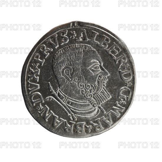 Trojak, Vogelwaider Vogelwaid, Eustachius mintmaster/publisher; Decius, Jost Ludwik fl. 1528–1535 co-creator, mint manager. Albrecht Hohenzollern Prince of Prussia; 1490–1568 — iconography: male busts in armour, stars. Obverse: male bust in armour in profile turned to the right; short hair, beard with sideburns. Inscription around the rim: *ALBER DG MAR BRAN DVX PRVS; continuous border, floral motifs between the words. Reverse: in the continuous border an inscription in six lines: *III*/.GROSS:AR:/.TRIPLEX./.ALBER:DVC./.PRVSSIE./*I538* 1538. Ducal Prussia 1525–1701, Königsberg mint. Coin; diameter 22.2 mm, weight 2.53 g, axis 180°., A circular metallic coin with a worn silver-gray surface showing an engraved profile of a man facing right with short hair, a curled beard, and a decorated collar; the coin has a raised rim and a ring of engraved characters around the portrait; the visible colors are silver-gray and darker gray where shadows and wear appear.