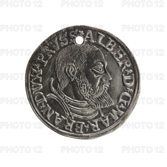 trojak, Vogelwaider Vogelwaid, Eustachius mintmaster/publisher, Decius, Jost Ludwik fl. 1528-1535 co-creator, mint manager. Albrecht Hohenzollern Prince of Prussia; 1490–1568 — iconography: male busts in armour, stars. Obverse: male bust in armour in profile turned to the right; short hair, beard with sideburns. Inscription around the rim: *ALBER DG MAR BRAN DVX PRVSS. Continuous border, floral motifs between the words. Reverse: in the continuous border an inscription in six lines: *III*/.GROSS:AR:/.TRIPLEX./.ALBER:DVC./.PRVSSIE./*I538* 1538. Ducal Prussia 1525–1701, Königsberg mint. Coin; diameter 22.3 mm, weight 2.54 g, axis 50°., A circular metallic object with a raised portrait of a bearded man in profile, showing textured hair and a curled beard; the portrait is surrounded by a raised rim with decorative raised shapes along the edge and a small round hole near the top of the object; visible colors include silver, gray, and darker gray tones, with highlights and shadows emphasizing...