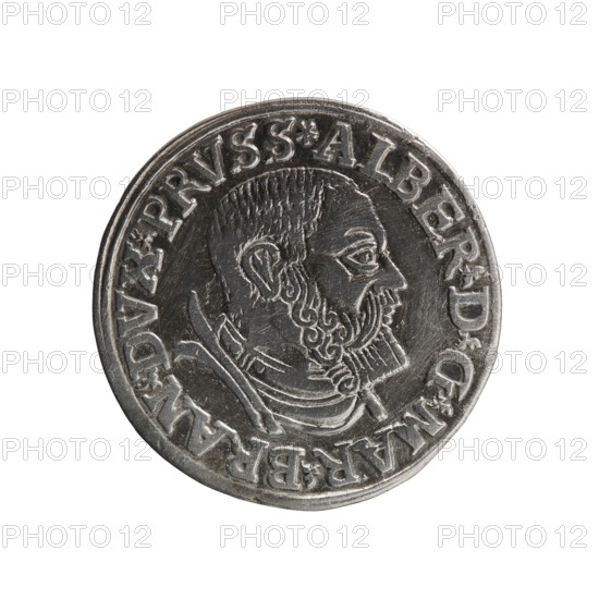 Trojak, Decius, Jost Ludwik fl. 1528–1535 co-creator, Vogelwaider Vogelwaid, Eustachius mint master publisher. Albrecht Hohenzollern Prince of Prussia; 1490–1568 — iconography: stars, male busts in armour. Obv.: male bust in armour in profile turned to the right; short hair, beard with sideburns. Inscription around the rim: *ALBER DG MAR BRAN DVX PRVSS*; continuous border, floral motifs between the words. Rev.: in the continuous border an inscription in six lines: *III*/.GROSS:AR:/.TRIPLEX./.ALBER:DVC./.PRVSSIE./*I538* 1538. Ducal Prussia 1525–1701, Königsberg; coin. Diameter 22.2 mm, weight 2.48 g, axis 315°., A round metallic coin with a raised profile of a bearded man facing right, showing detailed hair, ear, facial features, and a decorative collar; the coin surface is silver-gray with darker recessed areas and lighter raised highlights, and a raised rim encircles the portrait.