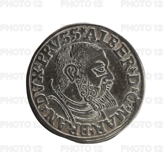 Trojak, Vogelwaider Vogelwaid, Eustachius publisher, Decius, Jost Ludwik fl. 1528–1535 co-creator. Albrecht Hohenzollern Prince of Prussia; 1490–1568 — iconography: male busts in armour, stars. Obverse: male bust in armour in profile turned to the right; short hair, beard with sideburns. Inscription around the rim: *ALBER DG MAR BRAN DVX PRVSS*; continuous border, floral motifs between the words. Reverse: in the continuous border an inscription in six lines: *III/.GROSS:AR:/.TRIPLEX./.ALBER:DVC./.PRVSSIE./*I539* 1539. Ducal Prussia 1525–1701, Königsberg. Coin; diameter 22.4 mm, weight 2.61 g, axis 160°., A round metallic coin with a raised profile of a bearded man's head facing right, surrounded by a raised border and decorative raised lettering around the edge; the coin shows textured engraved hair and beard details, a raised rim, and areas of lighter and darker silver-gray tones with small worn or shiny highlights.
