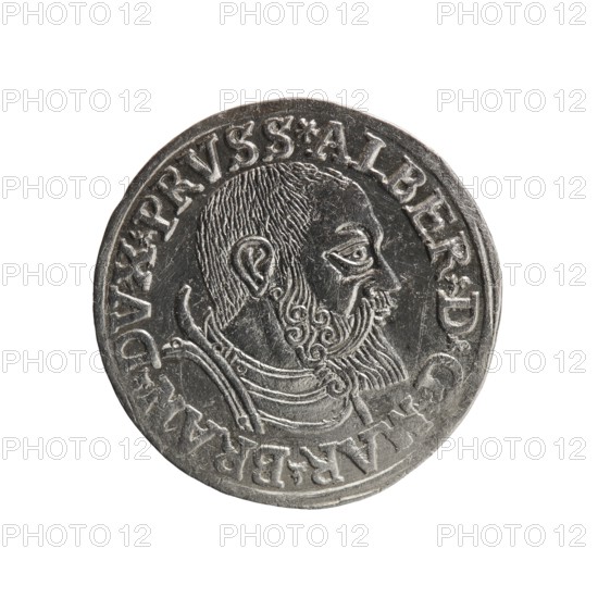 trojak, Vogelwaider Vogelwaid, Eustachius; Decius, Jost Ludwik fl. 1528–1535 co-creator. Albrecht Hohenzollern Prince of Prussia; 1490–1568 — iconography: male busts in armour, stars. Obverse: male bust in armour in profile to right; short hair, beard with sideburns. Inscription around the rim: *ALBER DG MAR BRAN DVX PRVSS*; continuous border, floral motifs between the words. Reverse: in the continuous border an inscription in six lines: *III/.GROSS:AR:/TRIPLEX./.ALBER:DVC./.PRVSSIE./*I539* 1539. Ducal Prussia 1525–1701, Königsberg mint. Coin: diameter 22.1 mm, weight 2.59 g, axis 315°., A round coin with a raised profile of a bearded man facing right; the man has short textured hair and a detailed curly beard and mustache, and he wears a decorative collar or armor piece with layered elements. The coin surface shows engraved decorative lines and raised rim, with areas of wear and texture. The visible colors are silver-gray on the coin with subtle darker gray shading in the engraved are...