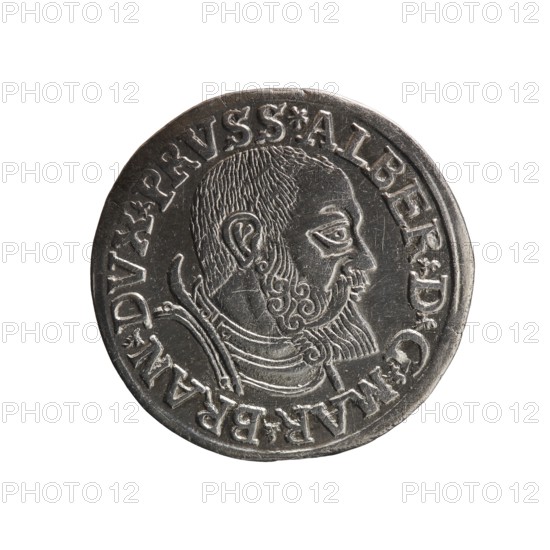 Trojak, Vogelwaider Vogelwaid, Eustachius mintmaster; Decius, Jost Ludwik fl. 1528–1535 co-creator. Albrecht Hohenzollern Prince of Prussia; 1490–1568 — iconography: male bust in armour, stars. Obverse: male bust in armour in profile turned right; short hair, beard with sideburns. Inscription around rim: *ALBER DG MAR BRAN DVX PRVSS. Continuous border, floral motifs between words. Reverse: inscription in six lines within continuous border: *III*/.GROSS:AR:/.TRIPLEX./.ALBER:DVC./.PRVSSIE./*I539*. Date: 1539. Place: Ducal Prussia 1525–1701, Königsberg. Object: coin trojak. Diameter 22.4 mm; weight 2.50 g; axis 315 degrees., A round metallic object with a reflective silver-gray surface showing wear and scratches fills the center of the image, featuring a raised profile of a bearded man facing right with detailed hair and facial features, ornate curled beard and a decorative collar or armor element near his neck; a raised rim encircles the object and there are several raised decorative sha...