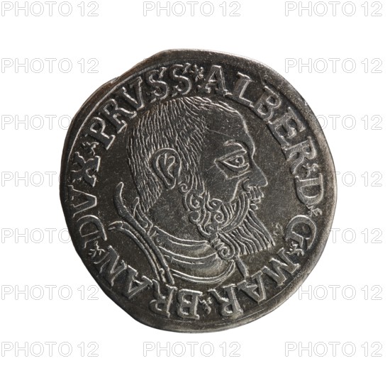 trojak, Vogelwaider Vogelwaid, Eustachius publisher, Decius, Jost Ludwik fl. 1528-1535 co-creator, Albrecht Hohenzollern Prince of Prussia; 1490-1568 - iconography, male busts in armour, stars. Obv. Male bust in armour in profile turned to the right; short hair, beard with sideburns. Inscription around the rim: *ALBER DG MAR BRAN DVX PRVSS. Continuous border, floral motifs between the words. Rev. In the continuous border an inscription in six lines: -III-.GROSS:AR:/.TRIPLEX./.ALBER:DVC./.PRVSSIE./-I540-. The denomination and date are between the trefoil marks. 1540. Ducal Prussia 1525-1701, Königsberg mint. Coin; diameter 22.4 mm, weight 2.50 g, axis 225 degrees., A round metallic coin with a raised profile of a bearded man in relief, showing detailed hair and facial features, surrounded by raised decorative elements and a circular border; the coin appears silver-gray with darker gray areas from shadowing and wear, and subtle highlights where the metal catches light.