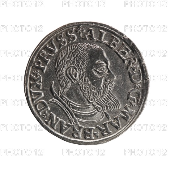 trojak, Vogelwaider Vogelwaid, Eustachius; publisher Decius, Jost Ludwik fl. 1528–1535 co-creator. Albrecht Hohenzollern Prince of Prussia; 1490–1568 — iconography: trefoils, male busts in armour. Obverse: male bust in armour in profile turned to the right; short hair, beard with sideburns. Inscription around the rim: *ALBER DG MAR BRAN DVX PRVSS*; continuous border, floral motifs between the words. Reverse: in the continuous border an inscription in six lines: -III-.GROSS:AR:/.TRIPLEX./.ALBER:DVC./.PRVSSIE./-I540- with the denomination and date between trefoil marks. 1540. Ducal Prussia 1525–1701, Königsberg mint. Coin; diameter 22.5 mm; weight 2.57 g; axis 45°., A circular metallic coin with a raised profile of a bearded man facing right, featuring detailed hair and beard texture and a decorative collar; the coin shows engraved edging and ornate border designs with worn surfaces and small dents. Visible colors include silver, gray, and subtle darker gray tones.