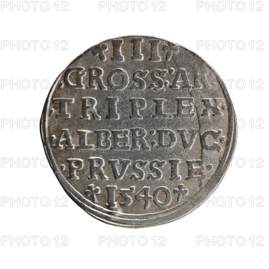 trojak, Vogelwaider Vogelwaid, Eustachius mintmaster/publisher, Decius, Jost Ludwik fl. 1528–1535 co-creator; mint manager; Albrecht Hohenzollern Prince of Prussia; 1490–1568 — iconography: male busts in armour, stars. Obverse: male bust in armour in profile facing right; short hair, beard with sideburns. Inscription around rim: *ALBER DG MAR BRAN DVX PRVSS. Double continuous border, floral motifs between words. Reverse: within double continuous border an inscription in six lines: -III-.GROSS:AR:/.TRIPLEX./.ALBER:DVC./.PRVSSIE./-1540-. Denomination and date between trefoil marks. 1540. Ducal Prussia 1525–1701; Königsberg mint. Coin; diameter 22.4 mm; weight 2.52 g; axis 270°., A round metallic coin with a worn surface and raised details, shown against a plain white background. The coin displays a textured patina with shades of silver, gray, and darker gray tones, and visible scratches and dents around the rim. The raised lettering and decorative dots and marks form horizontal bands acr...