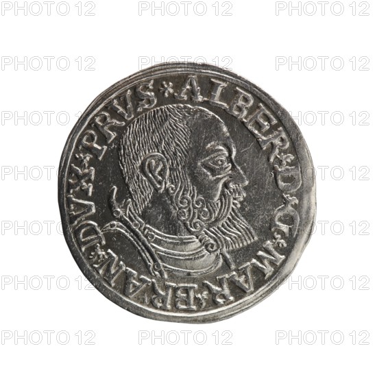 Trojak, Vogelwaider Vogelwaid, Eustachius mintmaster; Decius, Jost Ludwik fl. 1528–1535 co-creator. Obverse: male bust in armour in profile turned right; short hair, beard with sideburns. Inscription around the rim: *ALBER DG MAR BRAN DVX PRVS; continuous border, floral motifs between the words. Reverse: in a double continuous border an inscription in six lines: *III*/.GROSS:AR:/.TRIPLEX./.ALBER:DVC./.PRVSSIE./*I540* 1540. Ducal Prussia 1525–1701, Königsberg; coin trojak, diameter 22.5 mm, weight 2.46 g, axis 280°., A round metallic coin with a raised profile of a bearded man facing right, showing detailed hair, ear, eye, nose, mustache, and curly beard, and a decorative collar or armor at the neck; the coin surface is textured with worn and polished areas and a raised rim; colors visible include silver, gray, dark gray, and a few darker shadowed tones against a white background.