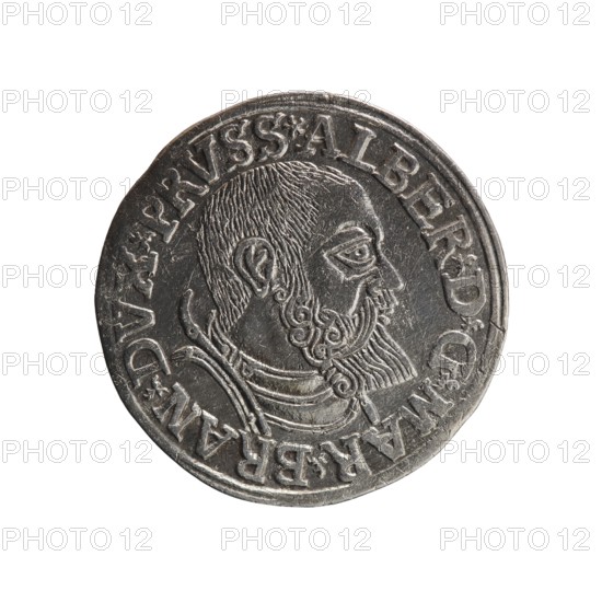 Trojak, Vogelwaider Vogelwaid, Eustachius mintmaster/publisher; Decius, Jost Ludwik fl. 1528–1535 mint manager/co-creator. Obverse: male bust in armour in profile facing right; short hair, beard with sideburns. Inscription around rim: *ALBER DG MAR BRAN DVX PRVSS. Continuous border, floral motifs between words. Reverse: inscription in six lines within continuous border: *III*/.GROSS:AR:/.TRIPLEX./.ALBER:DVC./.PRVSSIE./*I540* 1540. Ducal Prussia 1525–1701, Königsberg mint. Coin trojak: diameter 22.3 mm, weight 2.63 g, axis 90°., A circular metallic coin with a worn silver-gray surface showing a raised profile of a bearded man facing right, with textured hair and a detailed curled beard, wearing layered clothing or armor at the neck; the coin edge has a raised rim and a decorative band of raised elements encircling the portrait; the background is plain white.