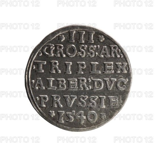 Trojak, Vogelwaider Vogelwaid, Eustachius mintmaster/publisher; Decius, Jost Ludwik fl. 1528–1535 co-creator, mint manager. Albrecht Hohenzollern Prince of Prussia; 1490–1568 — iconography: male busts in armour, stars. Obverse: male bust in armour in profile turned right; short hair, beard with sideburns. Inscription around the rim: *ALBER DG MAR BRAN DVX PRVSS. Continuous border, floral motifs between the words. Reverse: in the continuous border an inscription in six lines: *III*/.GROSS:AR:/.TRIPLEX./.ALBER:DVC./.PRVSSIE./*I540* 1540. Ducal Prussia 1525–1701, Königsberg mint. Coin; diameter 22.3 mm, weight 2.63 g, axis 90°.