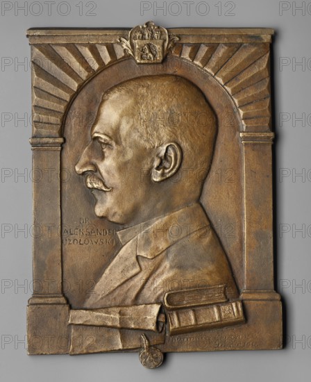 Dr. Aleksander Czolowski; Chodzinski, Kazimierz Mieczyslaw 1861–1921 medalist, author; Chodzinski, Kazimierz 1861–1919 — male busts; Czolowski, Aleksander 1865–1944 — iconography. Obverse: in an arcade supported by columns, topped with the coat of arms of Lviv, male bust in left profile, moustache, jacket on shoulders; at the bottom a book and a parchment scroll with a seal; on the left side an inscription in three lines. 1918. Ukraine, Lviv. Plaque. Dimensions: 133 mm; 182 mm., A bronze relief plaque shows the left-profile bust of a man with short hair and a mustache set within an arched architectural frame with a sunray pattern above; the man wears a collared jacket and is positioned above a folded scroll and a closed book at the base, with a small medallion hanging below. The plaque surface has a warm brown and golden bronze patina with darker brown shadows and slight greenish-gray oxidation in places, and the background behind the plaque is a smooth neutral gray.