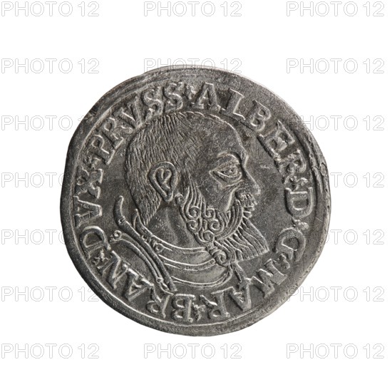 Trojak, Vogelwaider Vogelwaid, Eustachius mintmaster/publisher; Decius, Jost Ludwik fl. 1528–1535 co-creator/mint manager. Albrecht Hohenzollern Prince of Prussia; 1490–1568 — iconography: male busts in armour, stars. Obverse: male bust in armour in profile turned right; short hair, beard with sideburns. Inscription around rim: *ALBER DG MAR BRAN DVX PRVSS*; continuous border, floral motifs between words. Reverse: within double continuous border an inscription in six lines: *III*/.GROSS:AR:/.TRIPLEX./.ALBER:DVC./.PRVSSIE./*I540*; date 1540. Ducal Prussia 1525–1701, Königsberg mint. Coin; diameter 22.6 mm, weight 2.46 g, axis 225°., A round metallic coin with a worn raised profile of a bearded man facing to the right, showing detailed hair, ear, eye, nose, and stylized beard curls; the coin has a raised rim and decorative raised elements around the portrait, with visible ridged and textured surfaces. The visible colors are shades of gray and silver on the coin and a white background.