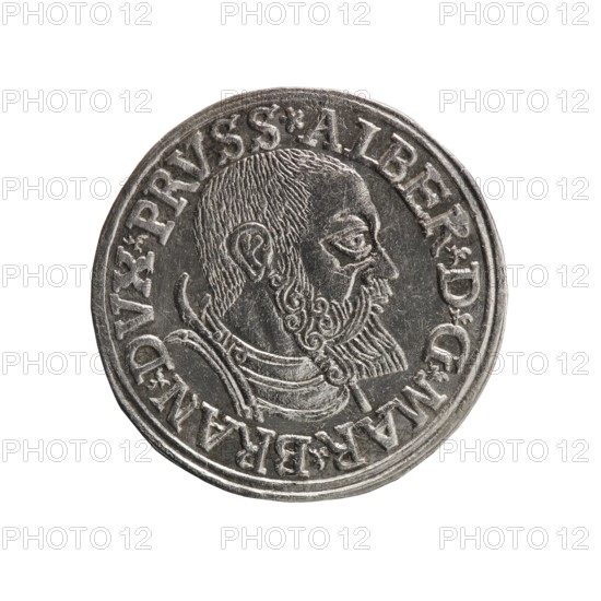 trojak, Vogelwaider Vogelwaid, Eustachius mintmaster; publisher, Decius, Jost Ludwik fl. 1528–1535 mint manager; co-creator. Albrecht Hohenzollern Prince of Prussia; 1490–1568 — iconography: male busts in armour, stars. Obverse: male bust in armour in profile turned to the right; short hair, beard with sideburns. Inscription around the rim: *ALBER DG MAR BRAN DVX PRVSS*; double continuous border, floral motifs between the words. Reverse: within a double continuous border an inscription in six lines: *III*/.GROSS:AR:/.TRIPLEX./.ALBER:DVC./.PRVSSIE./*I540* 1540. Ducal Prussia 1525–1701, Königsberg mint. Coin; diameter 22.5 mm; weight 2.56 g; axis 170°., A round metallic coin with a raised profile of a bearded man facing right, showing detailed hair and a stylized beard, surrounded by a raised border and decorative raised rim; the coin appears silver-gray in color with darker gray shadows in recessed areas and lighter highlights on raised surfaces.