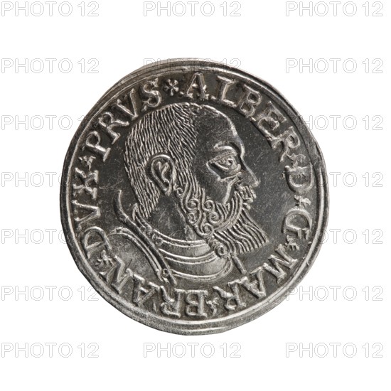 trojak, Decius, Jost Ludwik fl. 1528-1535 mint manager co-creator, Vogelwaider Vogelwaid, Eustachius mint master publisher; Albrecht Hohenzollern Prince of Prussia; 1490-1568 — iconography: male busts in armour, stars. Obv.: male bust in armour in profile turned to the right; short hair, beard with sideburns. Inscription around the rim: *ALBER DG MAR BRAN DVX PRVS; continuous border, floral motifs between the words. Rev.: in a double continuous border an inscription in six lines: -III-.GROSS:AR:/.TRIPLEX./.ALBER:DVC./.PRVSSIE./-1540- the denomination and date are between the trefoil marks. 1540; Königsberg mint; Ducal Prussia 1525–1701; coin; diameter 22.9 mm; weight 2.56 g; axis 225°., A circular silver coin with a raised profile of a bearded man facing right, showing detailed hair and beard texture and a stylized collar or armor at his neck; the coin has a raised rim and a band of raised decorative elements around the portrait. The visible colors are silver, gray, and hints of darker...