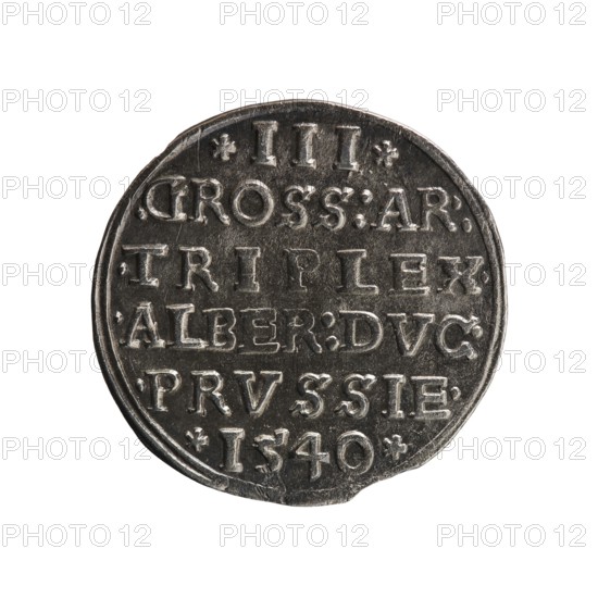 Trojak, Decius, Jost Ludwik fl. 1528–1535 co-creator; Vogelwaider Vogelwaid, Eustachius mint master/publisher. Albrecht Hohenzollern Prince of Prussia; 1490–1568 — iconography: stars, male busts in armour. Obverse: male bust in armour in profile turned right; short hair, beard with sideburns. In the rim the inscription *ALBER DG MAR BRAN DVX PRVSS*; double continuous border, floral motifs between the words. Reverse: within a double continuous border an inscription in six lines *III*/.GROSS:AR:/.TRIPLEX./.ALBER:DVC./.PRVSSIE./*I540* 1540. Königsberg, Ducal Prussia 1525–1701. Coin; diameter 22.6 mm, weight 2.55 g, axis 225°., A circular metallic object with a worn, uneven edge shown against a white background, displaying a raised, textured surface and recessed areas; the metal appears primarily silver-gray with darker gray shadows and lighter highlights on the raised details; the surface shows a series of embossed rectangular forms and small decorative dots arranged in horizontal groupin...